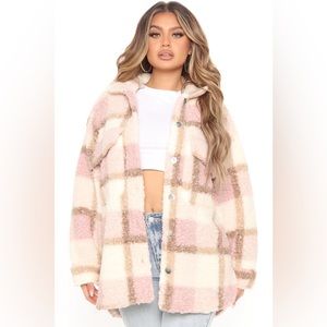 Sipping Coffee Sherpa Plaid Shacket - Mauve/combo